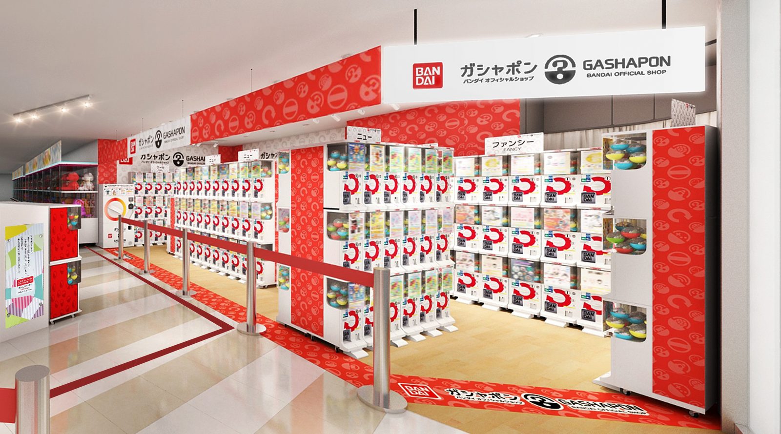 Rows of Bandai gashapon capsule-toy machines inside the official shop